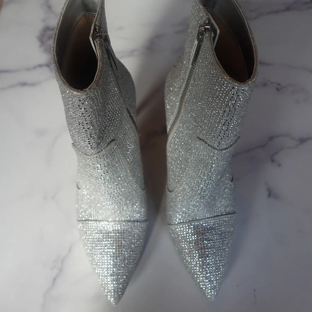 MICHAEL KORS Rue Rhinestone Pointed Toe Stiletto Booties Silver Size 8 Bling Y2K